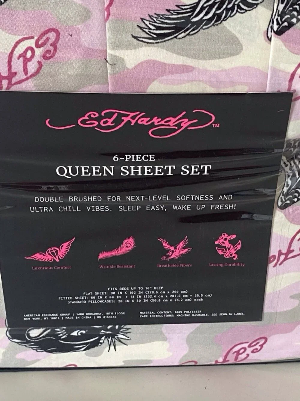 6 Piece Ed Hardy QUEEN Size Sheet Set Pink Grey Camo Eagle Tiger Logo NEW‎